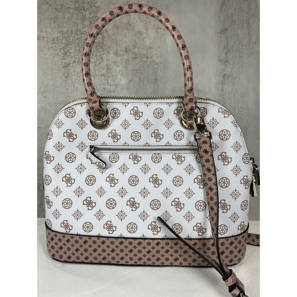 Guess Bella Vita Dome Satchel Handbag White Brown Logo Print Convertible Strap - Picture 4 of 15